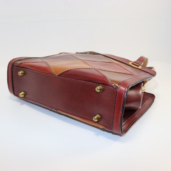 Burlington Patchwork Leather Satchel Red Brown Tan Vintage Style Kiss Lock - Picture 3 of 6